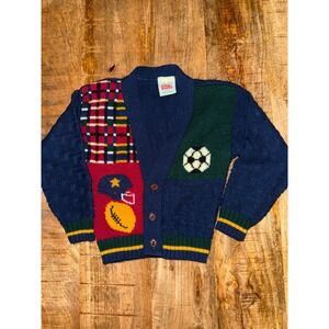 Little Funky Vintage Kids Sports Colorblock Cardigan Sweater Navy Plaid USA